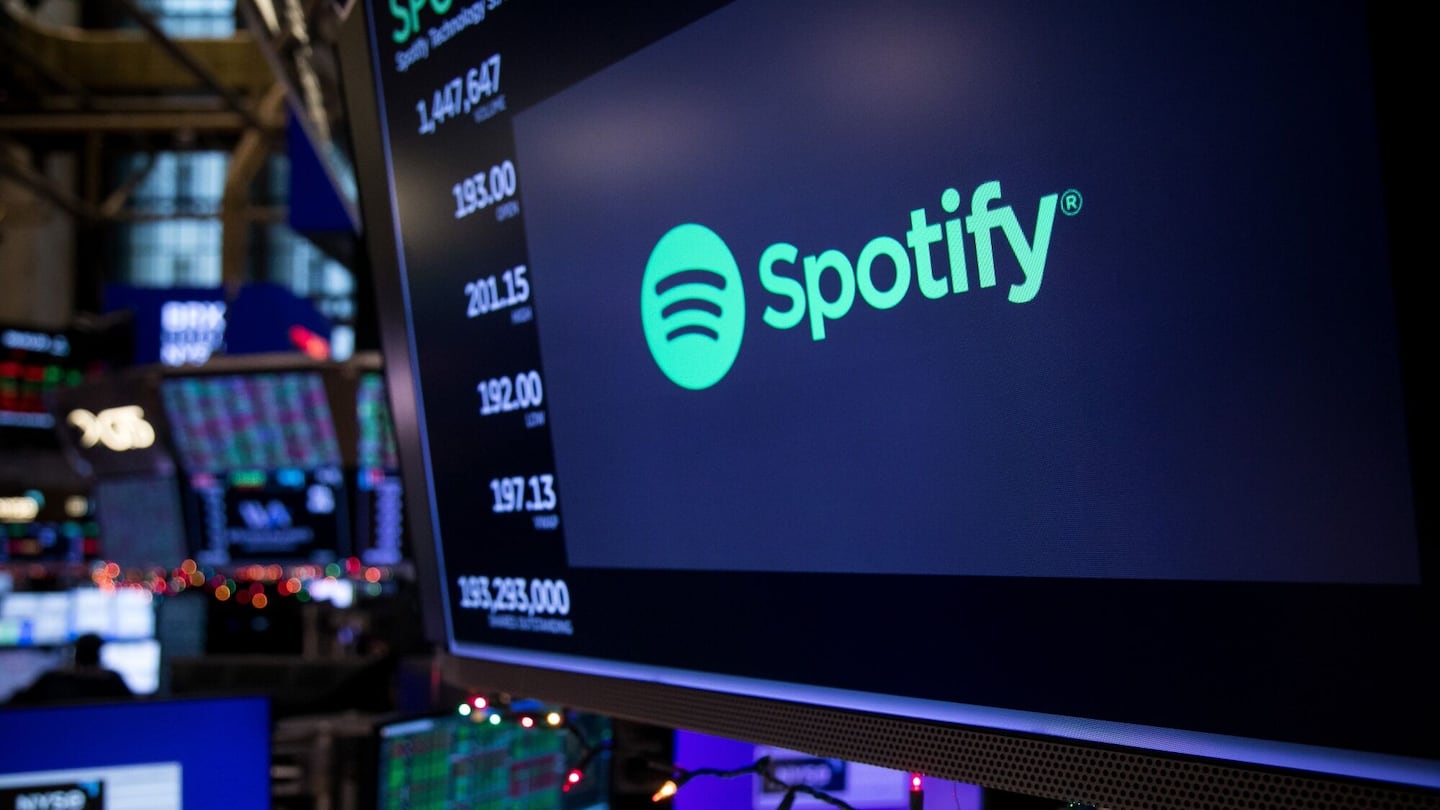 Spotify signage on the floor of the New York Stock Exchange in New York on Dec. 4, 2023.