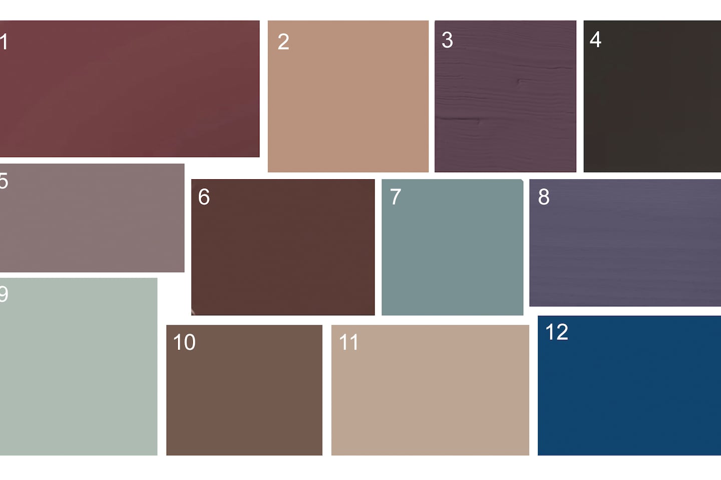 1. Behr “Rumors” 2. Dunn-Edwards “Caramelized” 3. Glidden “Purple Basil” 4. Stainmaster “Truffle” 5. Benjamin Moore “Cinnamon Slate” 6. C2 “Raku” 7. Dutch Boy “Mapped Blue” 8. Minwax “Violet” 9. HGTV Home by Sherwin-Williams “Quietude” 10. Graham & Brown “Elderton” 11. Little Greene “Mochi” 12. Valspar “Encore.”