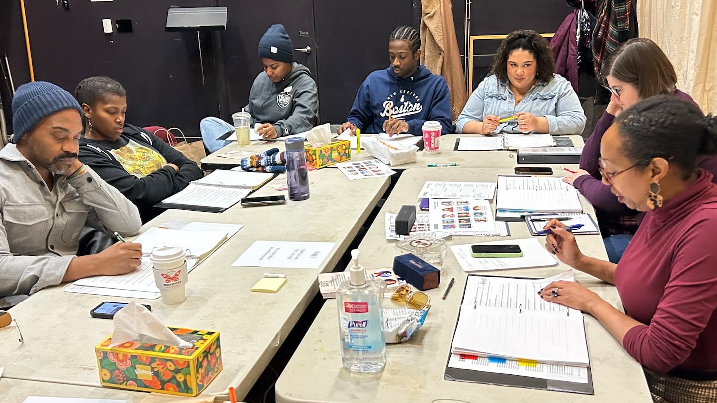 Front Porch Arts Collective rehearsing a script from "The Jeffersons."