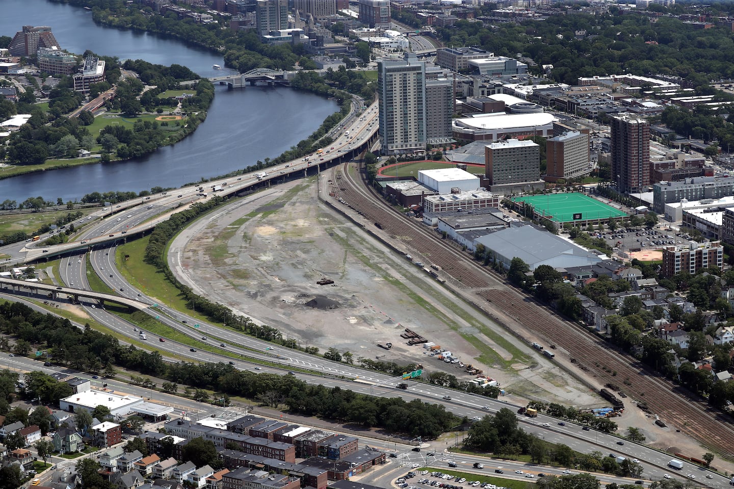 An aerial view of the area that will be redeveloped after the relocation of the Mass Pike in Allston. (David L Ryan/Globe Staff)