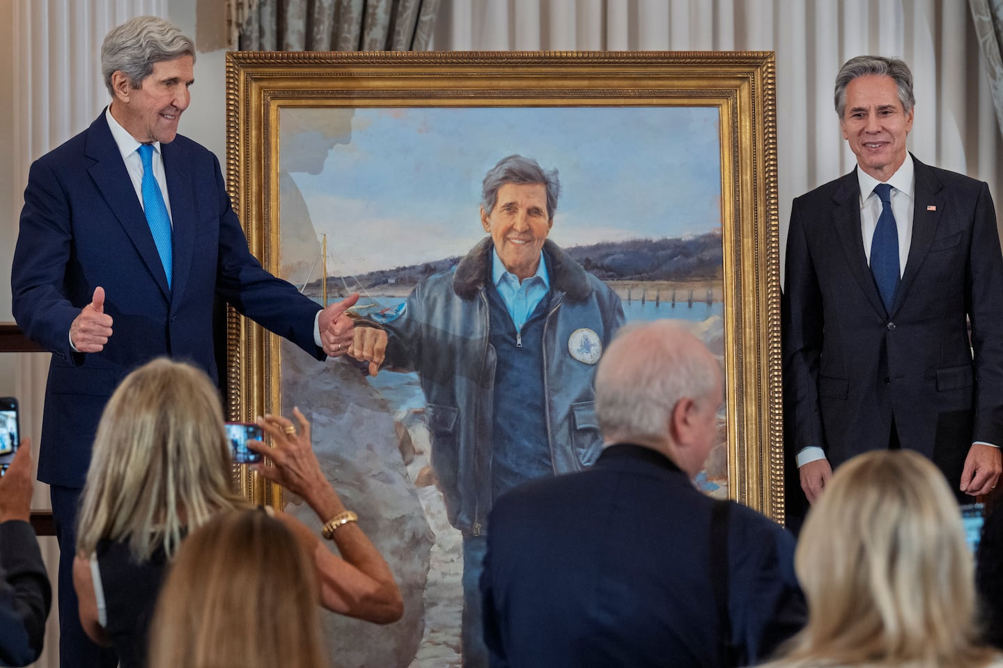 Former  secretary of state John Kerry and Secretary of State Antony Blinken attended a portrait unveiling for Kerry on Monday at the State Department.