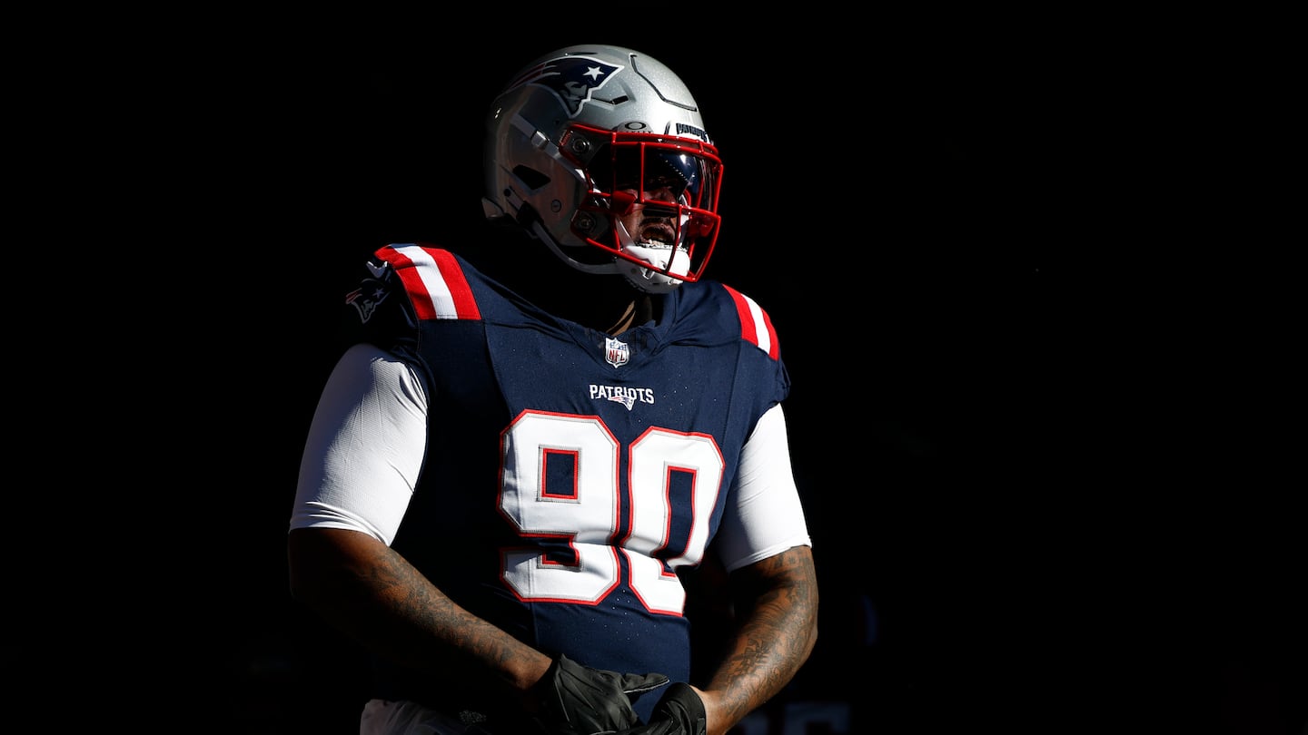 Patriots defensive tackle Christian Barmore (90) will have to come up with a huge game Sunday in Arizona if they want to slow down the Cardinals' strong running attack. 