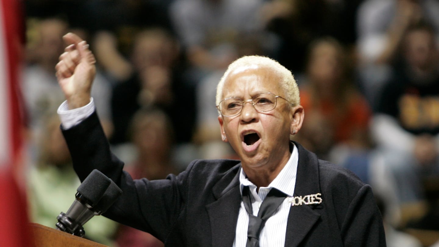 Virginia Tech English Professor, Nikki Giovanni speaks closing remarks at a convocation to honor the victims of a shooting rampage at Virginia Tech in Blacksburg, Va., on April 17, 2007.