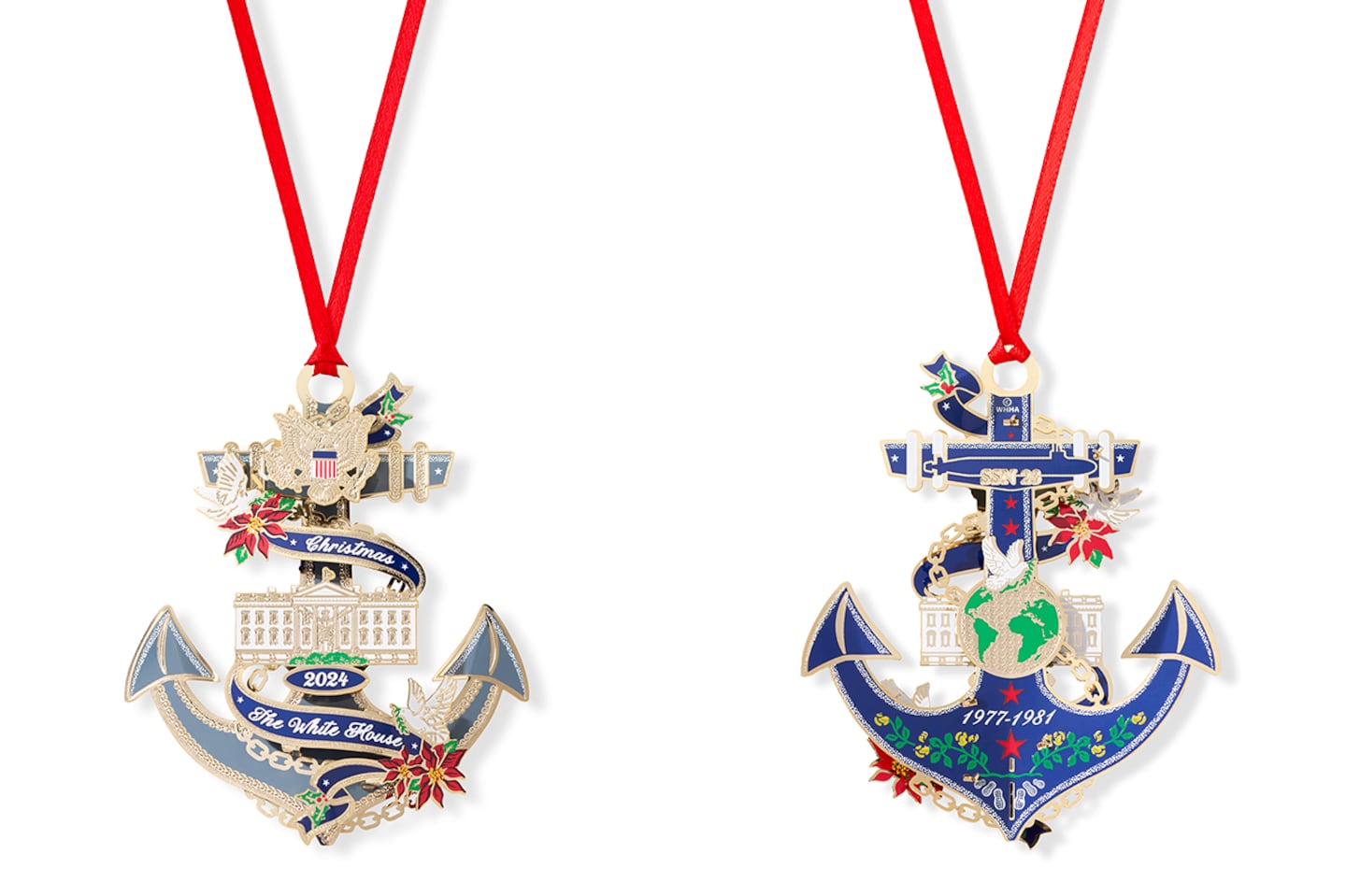 Rhode Island-based Beacon Designs, a division of ChemArt, has designed every official White House ornament since the series began in 1981 for the White House Historical Association, including this year's ornament honoring President Jimmy Carter, both sides seen here.