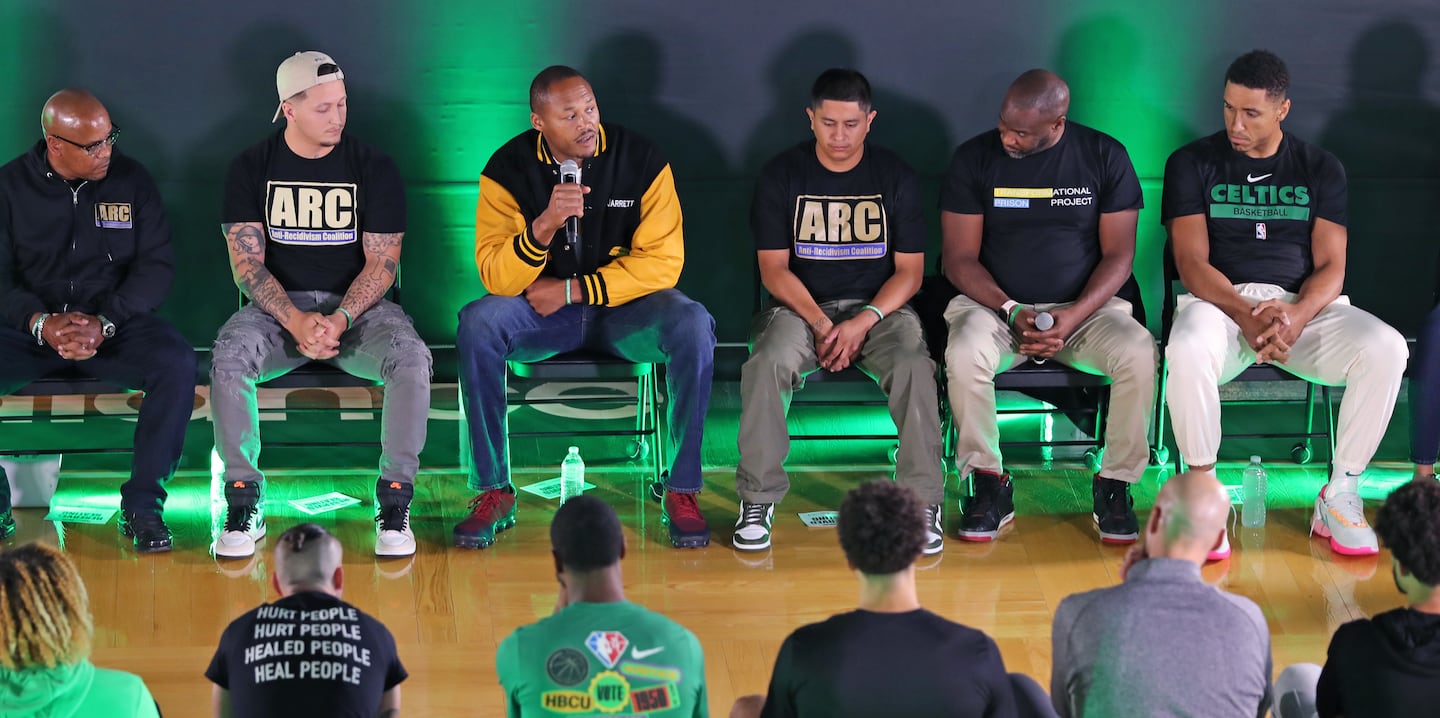 A speaker addressed the crowd at the Auerbach Center during a Celtics United event aimed at supporting the “Raise the Age” initiative in 2022.