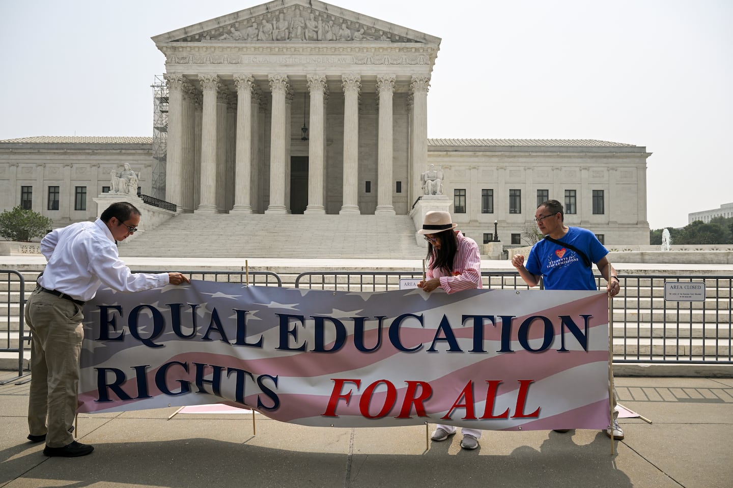 Activists from Students for Fair Admissions celebrate the affirmative action opinion outside the Supreme Court in Washington on June 29, 2023.