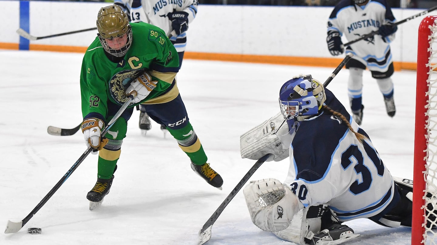 Winthrop's Talia Martucci closes in on Medford goalie Erin Alves and takes the shot that broke the 100-point barrier for the Winthrop senior.