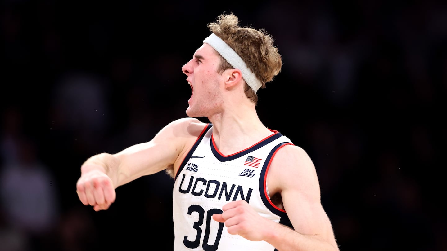 UConn's Liam McNeeley is pumped up as the Huskies were top dogs against Gonzaga on Saturday night in New York.