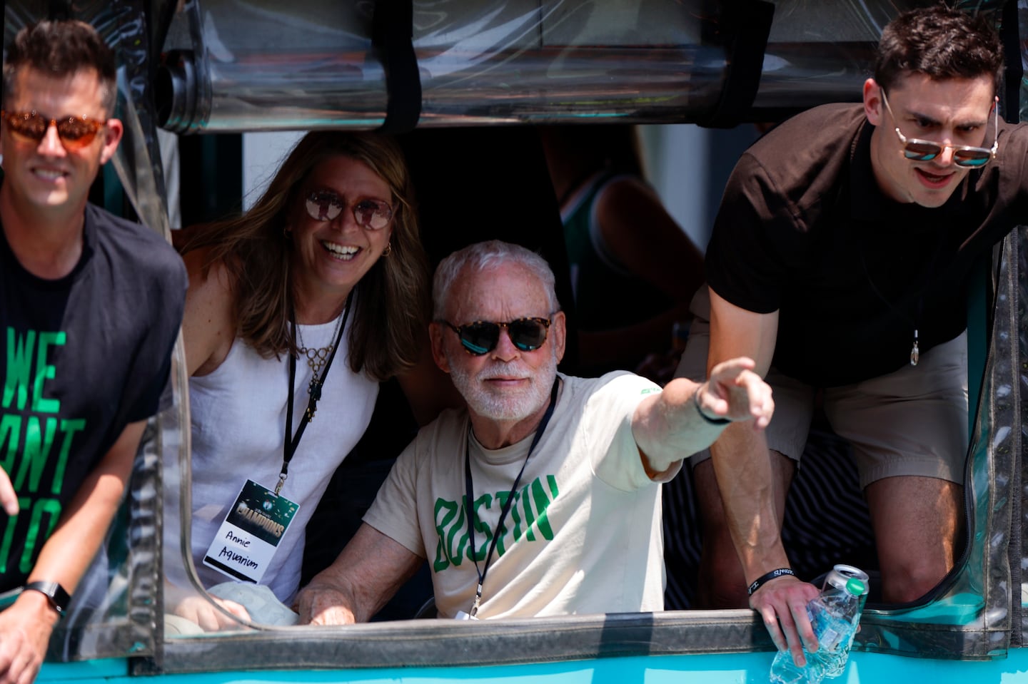 Mike Gorman (center) enjoyed quite a ride in his 43 years calling the Celtics, which ended with a duck boat parade to celebrate their 18th NBA championship.