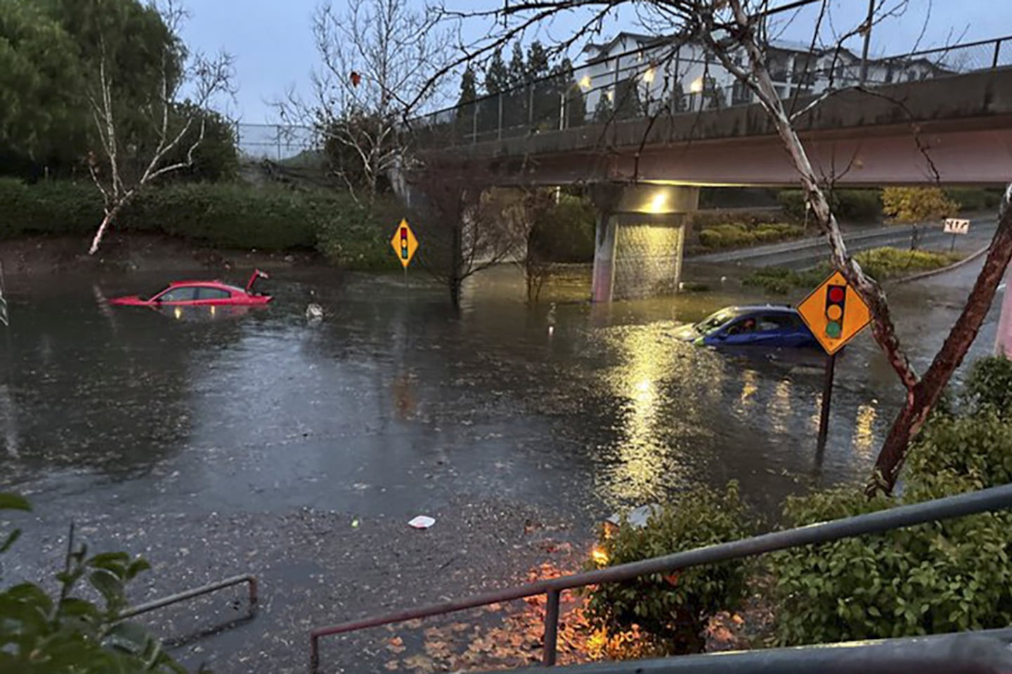 This image, provided by the Livermore Police Department showed flooding during a storm on Saturday.