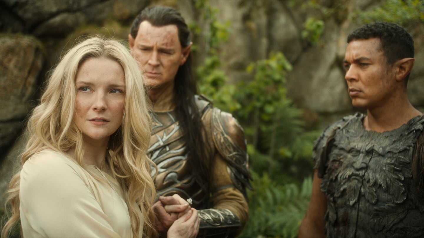 Morfydd Clark as Galadriel; Benjamin Walker as High King Gil-galad; Ismael Cruz Córdova as Arondir  in "The Lord of the Rings: The Rings of Power."