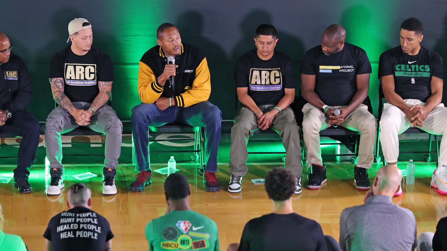 A speaker addressed the crowd at the Auerbach Center during a Celtics United event aimed at supporting the “Raise the Age” initiative in 2022.