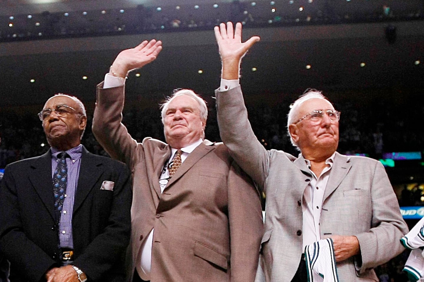 (Left to right) Sam Jones, Tom Heinsohn, and Bob Cousy are among the greatest Celtics of all time.