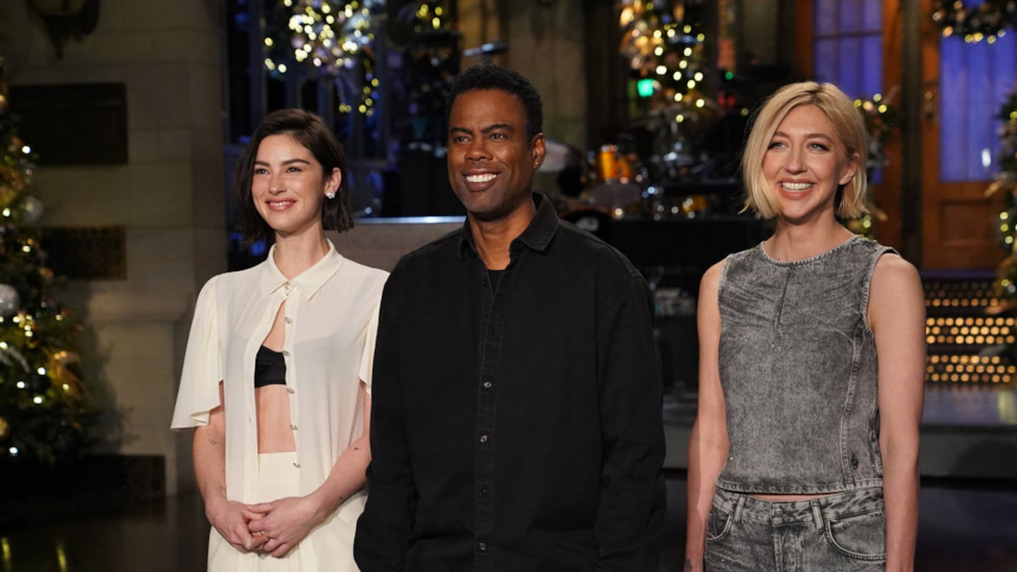 From left: musical guest Gracie Abrams, host Chris Rock, and Heidi Gardner during "Saturday Night Live" promos in Studio 8H on Thursday.