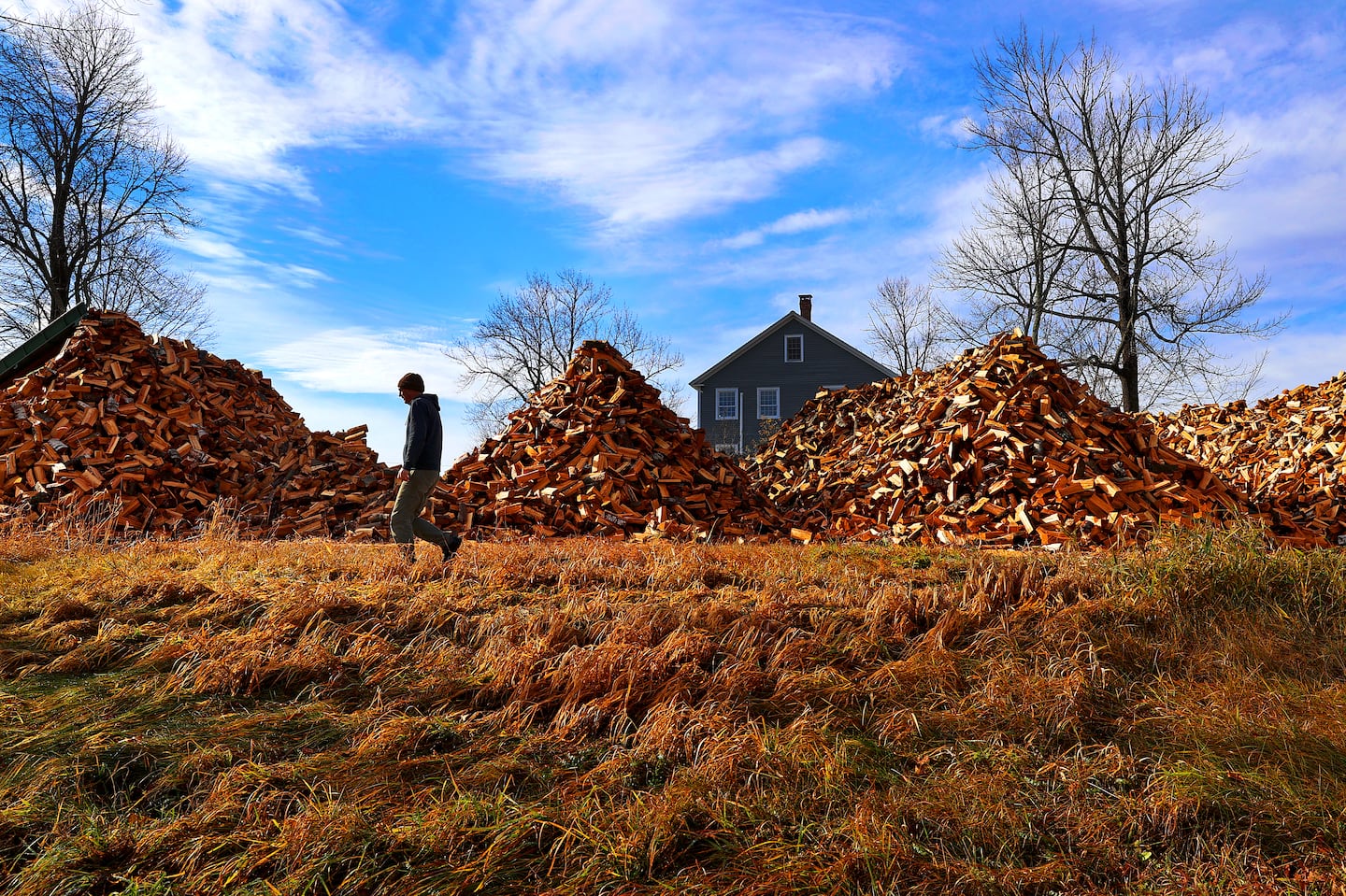 Tim Meeh walks past mounds of cut firewood for sale at his North Family Farm in Canterbury, N.H.