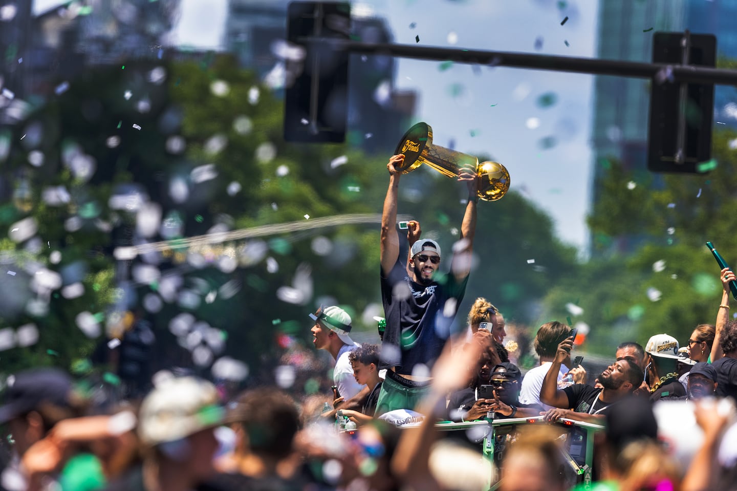 CAPTION Boston, MA - 6/20/24  staff photo by Stan Grossfeld- 
       during a duck boat parade to celebrate the 18th Boston Celtics NBA championship on Friday, June 21, 2024. The Celtics defeated the Dallas Mavericks in Game 5 of the NBA Finals. (Stan Grossfeld/Globe Staff)LOID #: 66743d1faa1be115e9979a08
