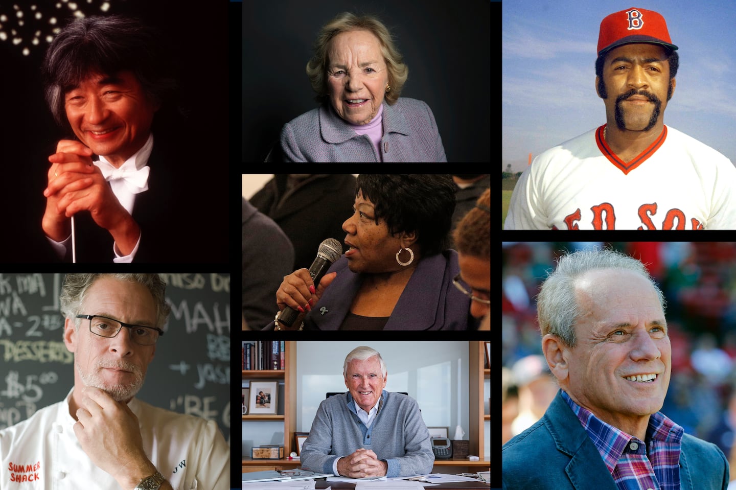 Clockwise from top left: Seiji Ozawa, Ethel Kennedy, Luis Tiant, Larry Lucchino, Jack Connors, Jasper White, and Gloria Fox