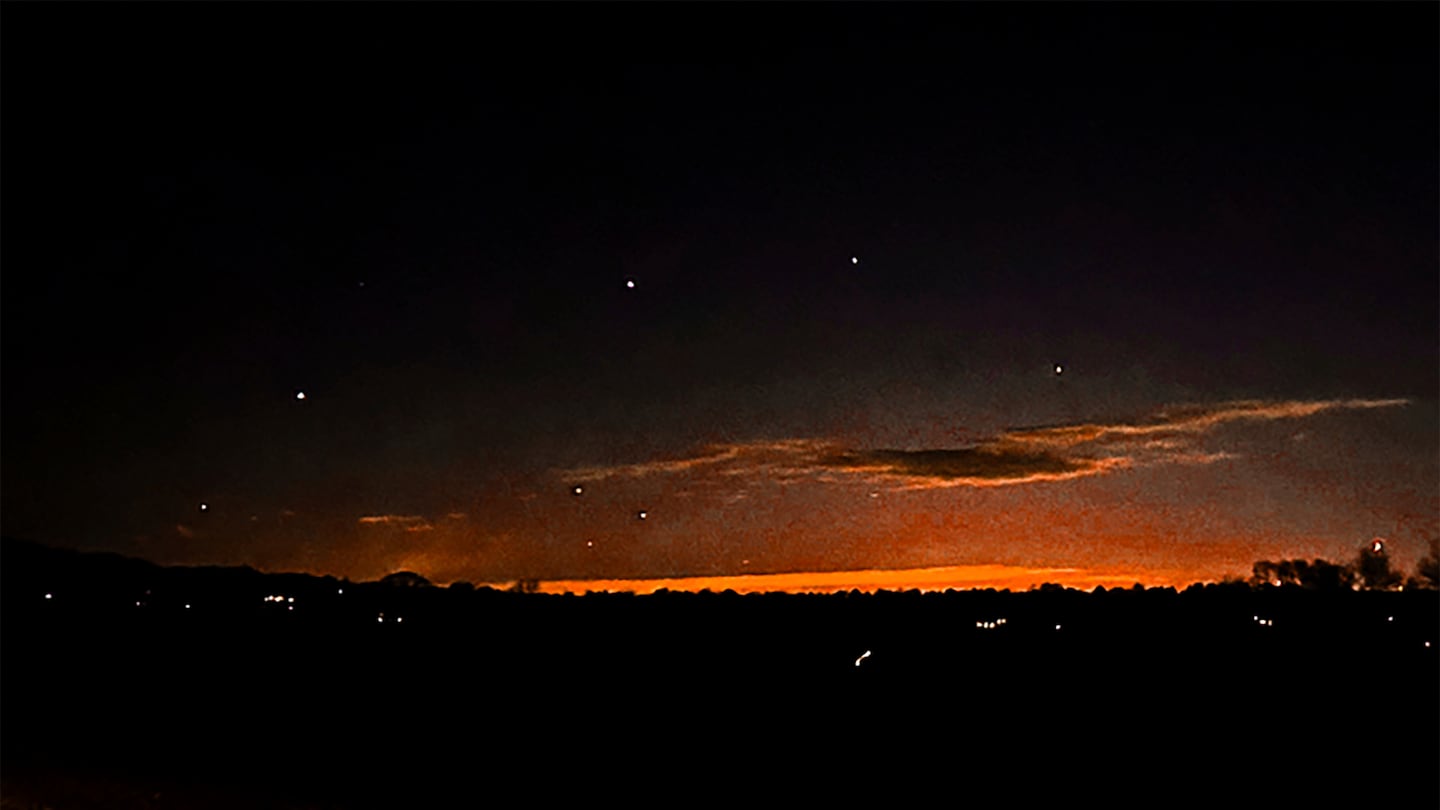 A photo captured the evening sky and points of light near Lebanon Township, N.J., on Dec. 5. Swarms of drones have been seen over parts of New Jersey, New York, and other eastern parts of the US for weeks.