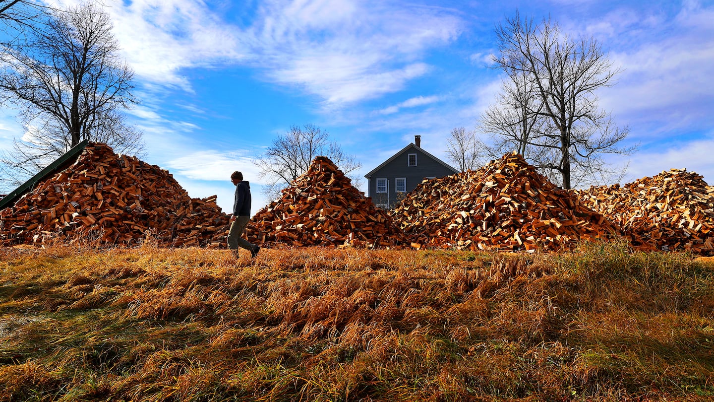 Tim Meeh walks past mounds of cut firewood for sale at his North Family Farm in Canterbury, N.H.