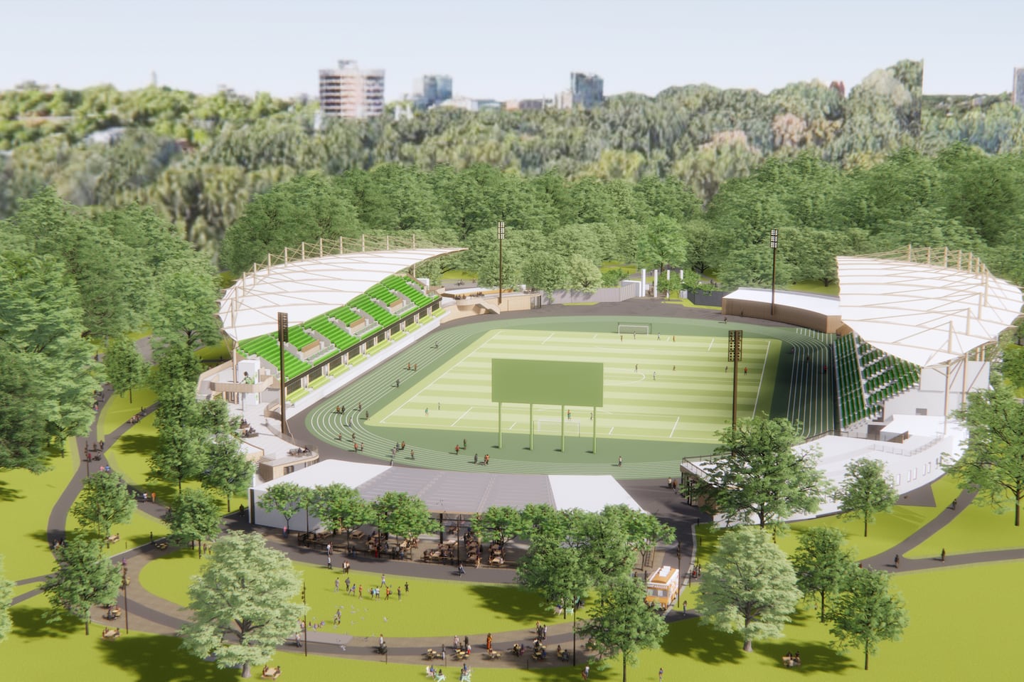 Updated rendering for the White Stadium renovation proposal in Franklin Park.