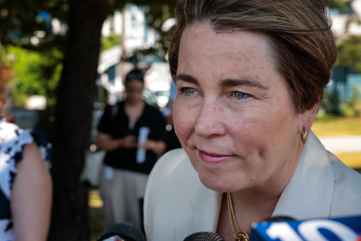 Governor Maura Healey spoke with the media following a press conference at the Sagamore Bridge in Sagamore Beach on July 16, 2024.