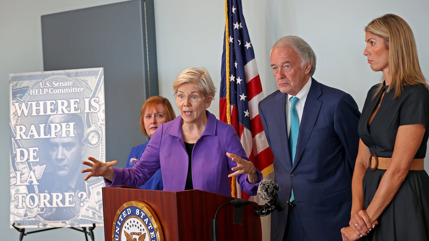 Senators Elizabeth Warren and Edward Markey have both filed bills aimed at restricting private equity practices in health care, but those measures have stalled this year. The senators, center, are shown here in September, along with Ellen MacInnis, a registered nurse at St. Elizabeth's Medical Center, left, and Representative Lori Trahan, right, discussing Steward Health Care CEO Ralph de la Torre's refusal to comply with a subpoena to testify before a Senate committee.