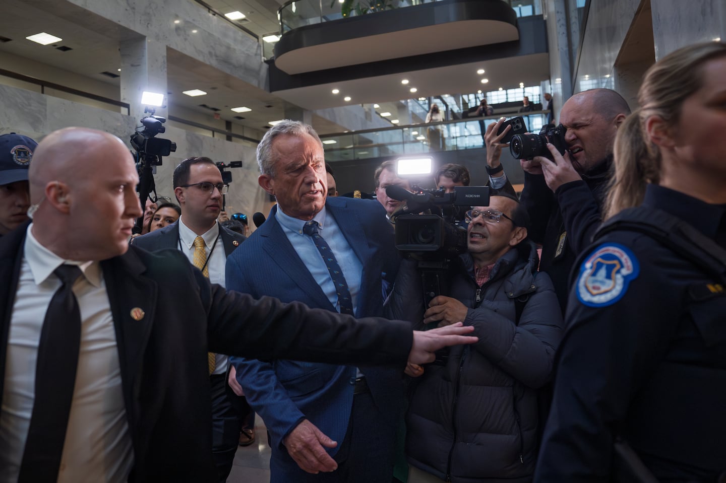 Robert F. Kennedy Jr., President-elect Donald Trump's nominee to be Secretary of Health and Human Services, arrives at the Hart Building to meet with senators at the Capitol in Washington, on Dec. 16.