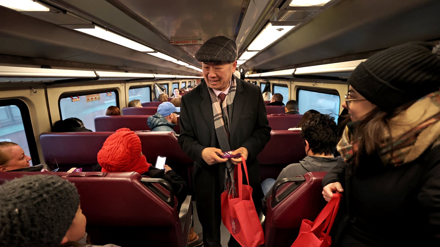 MBTA general manager Phil Eng handed out Valentine's Day candy to commuters in February.