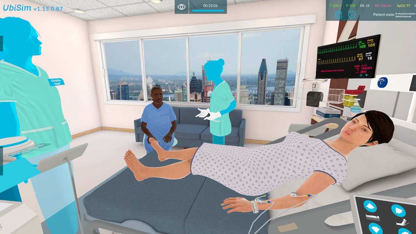 Computer-generated images from UbiSim show what nursing students are likely to see when they use the program.