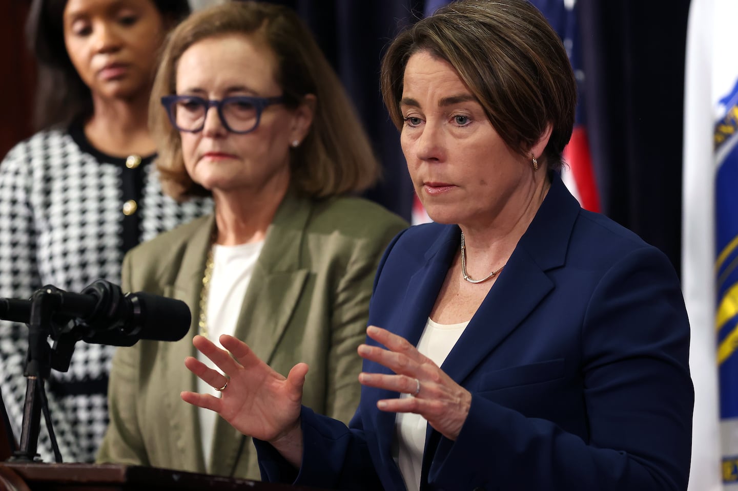 Governor Maura Healey (right) and Health and Human Services Secretary Kate Walsh speak at a news conference about the Steward Health Care crisis in May.  