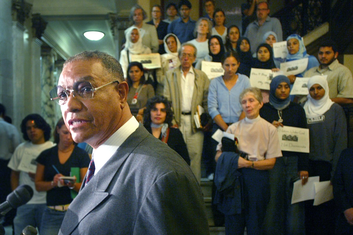 Minister Don Muhammad of the Nation of Islam spoke at a press conference at the State House in 2005 over the increased use of wiretaps at mosques.