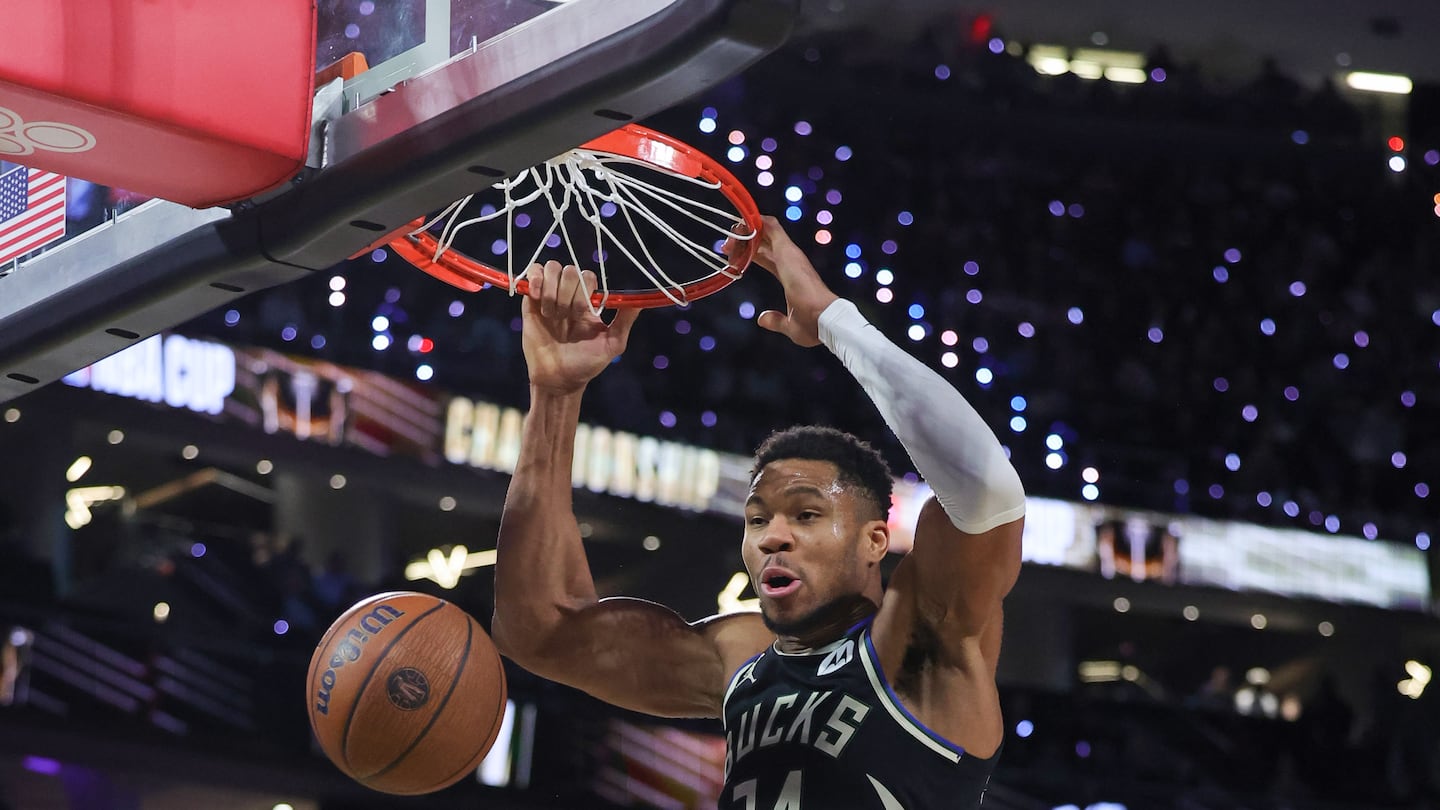 Giannis Antetokounmpo was an unstoppable force in leading the Bucks to the NBA Cup title with 26 points, 19 rebounds and 10 assists in a 97-81 victory over the Thunder Tuesday night in Las Vegas.