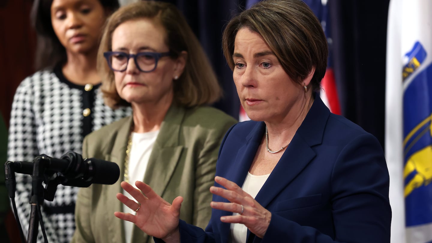 Governor Maura Healey (right) and Health and Human Services Secretary Kate Walsh speak at a news conference about the Steward Health Care crisis in May.  