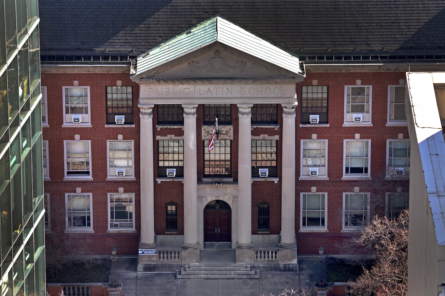 A peek through some buildings in the Longwood Medical area of Boston viewing Boston Latin School.