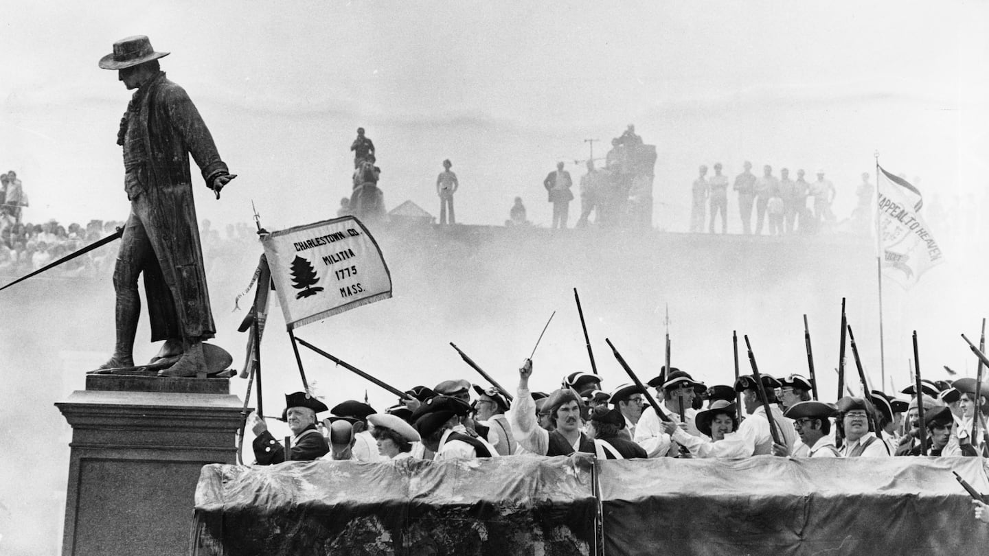 People reenacted the Battle of Bunker Hill in Boston on June 14, 1975, in Charlestown.