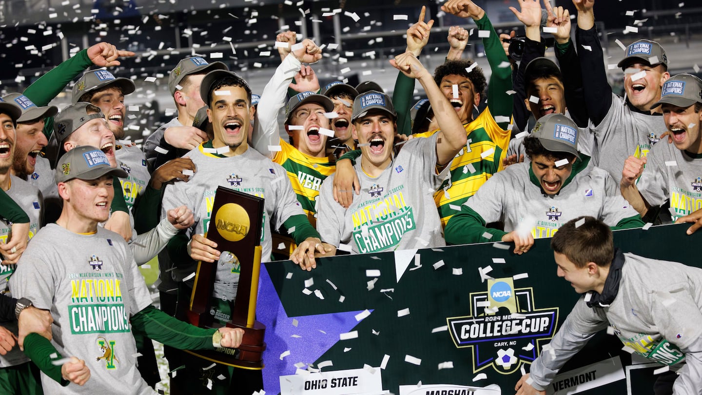 Vermont celebrates after defeating Marshall in the NCAA College Cup national championship soccer final in Cary, N.C., on Monday.