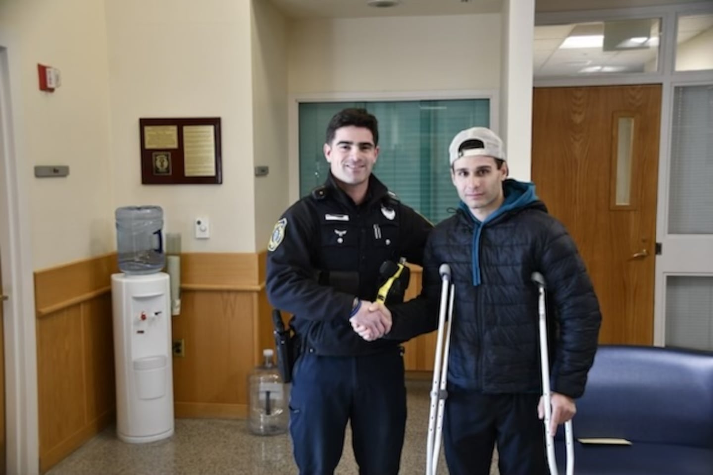 Wellesley police Officer Michael Pino was first on the scene after Dante Marino suffered a serious electric shock while hanging holiday lights in November.