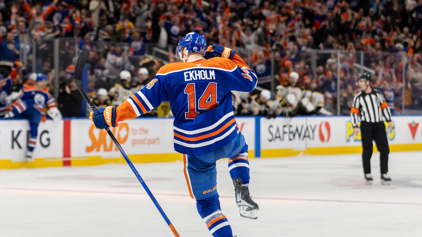 Oilers defenseman Mattias Ekholm celebrated his overtime to complete the comeback against the Bruins.