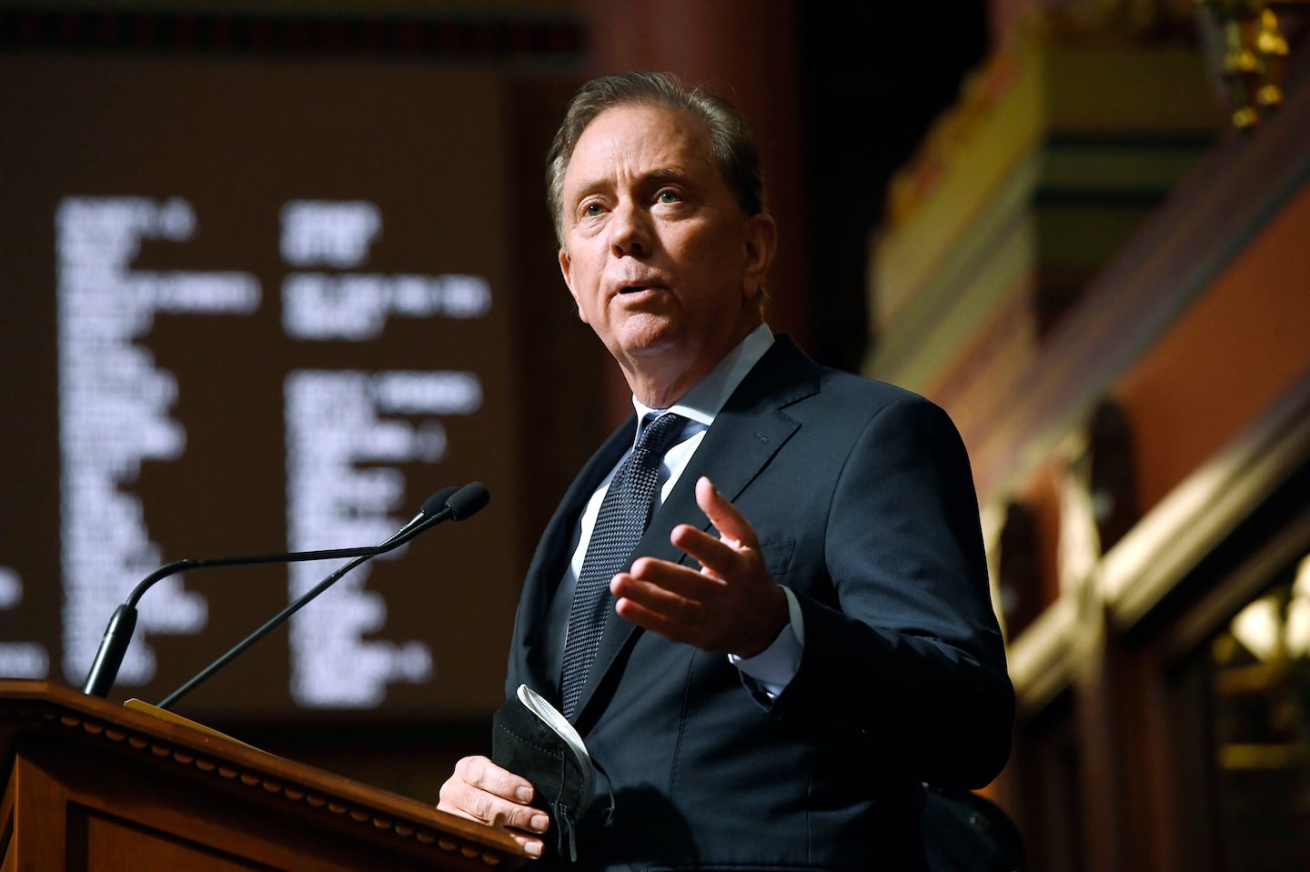 Connecticut Governor Ned Lamont, pictured in Hartford on Feb. 9, 2022, announced that his state would secure solar and battery power instead of investing in wind energy.