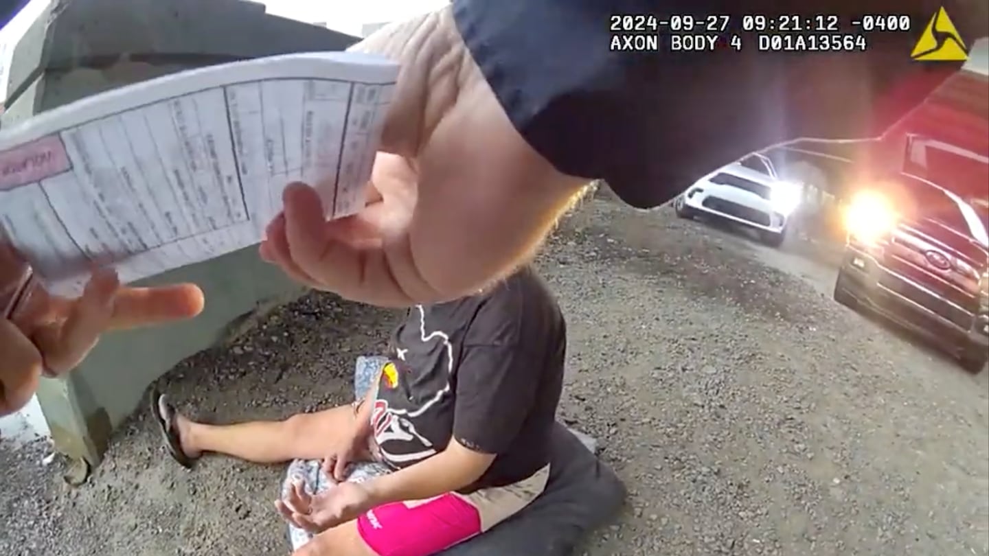 In this body-camera footage released by the Louisville Metro Police Department, a police officer gave a citation to a woman in labor in Louisville for unlawful camping on Sept. 27.