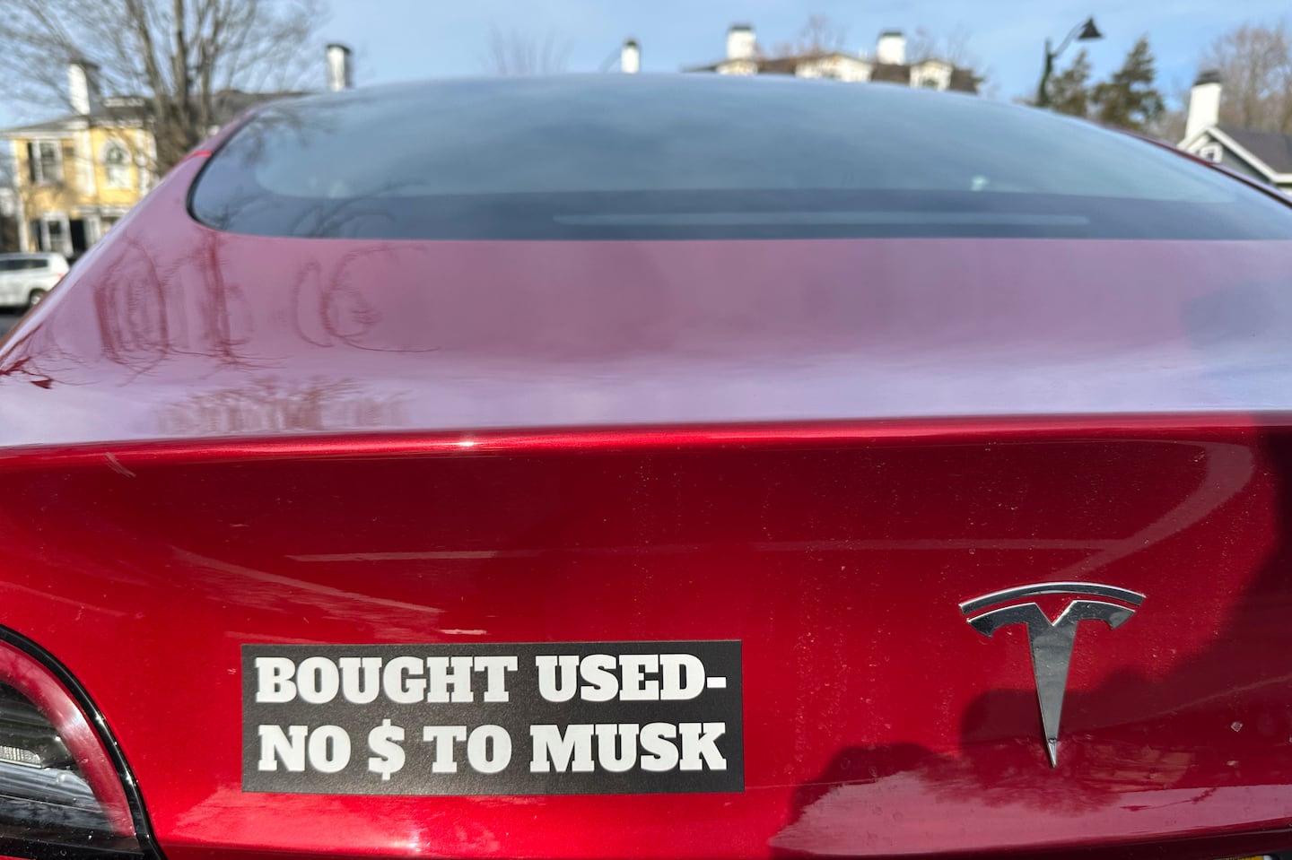 A Tesla with a sticker defending the purchase was spotted last Sunday in Concord.