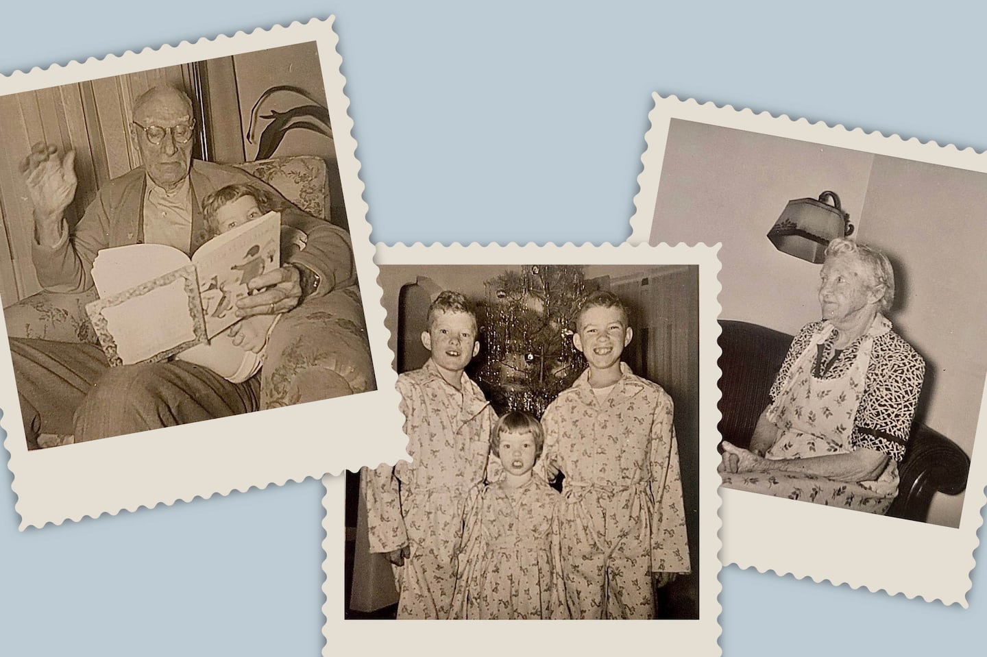 In San Francisco, c. 1957: Left, the author's grandfather, Thomas, and his sister, Jean. Middle, from left, the author, his sister, and their brother, Tom. Right, the author's grandmother, Mary Regan, in her de rigueur apron.