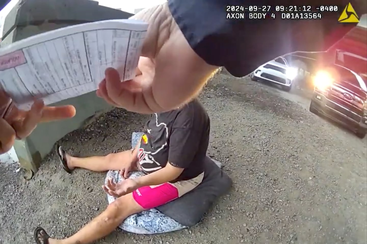 In this body-camera footage released by the Louisville Metro Police Department, a police officer gave a citation to a woman in labor in Louisville for unlawful camping on Sept. 27.