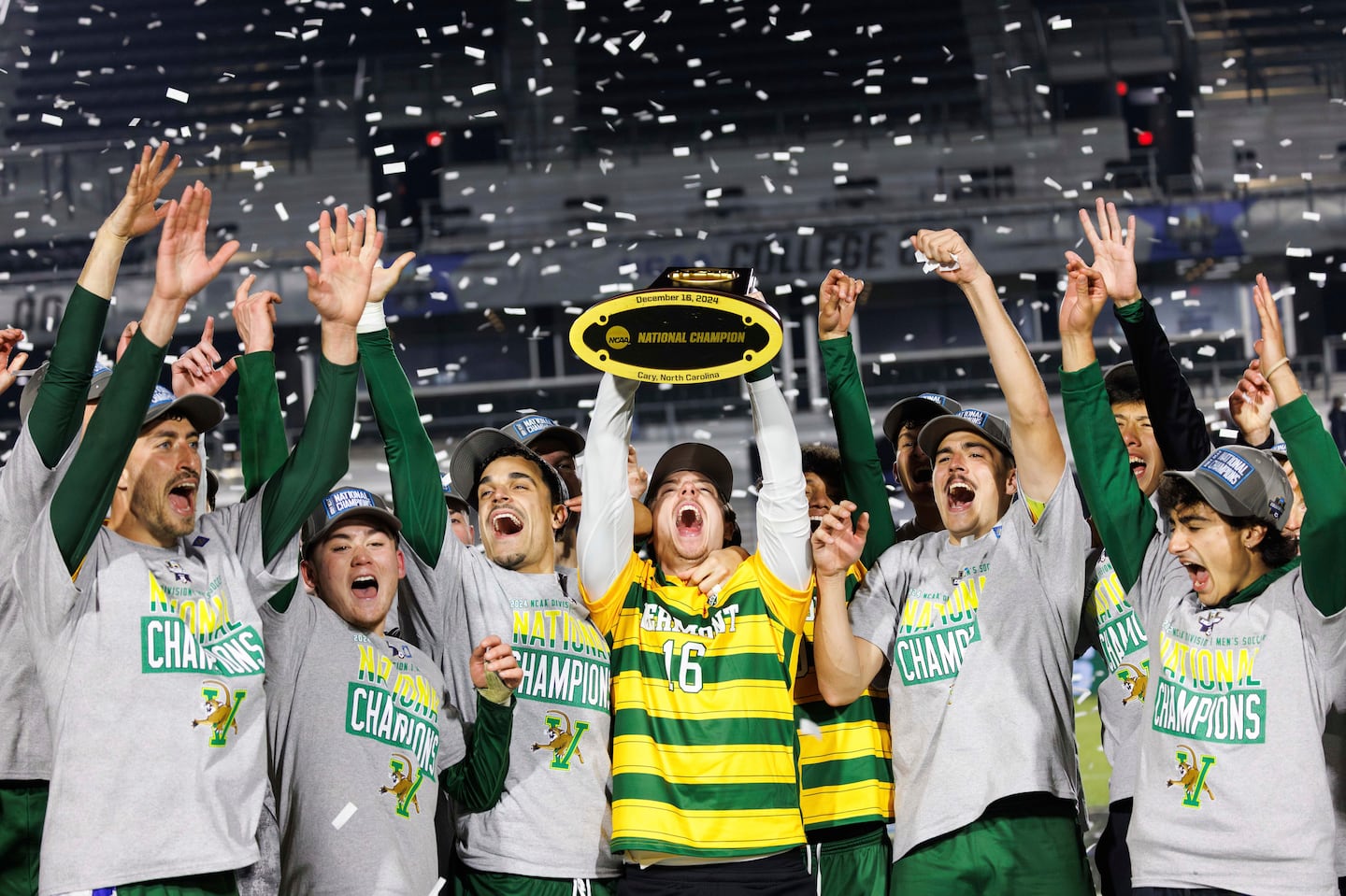 The Vermont men's soccer team celebrates after defeating Marshall in overtime in the NCAA College Cup national championship game.