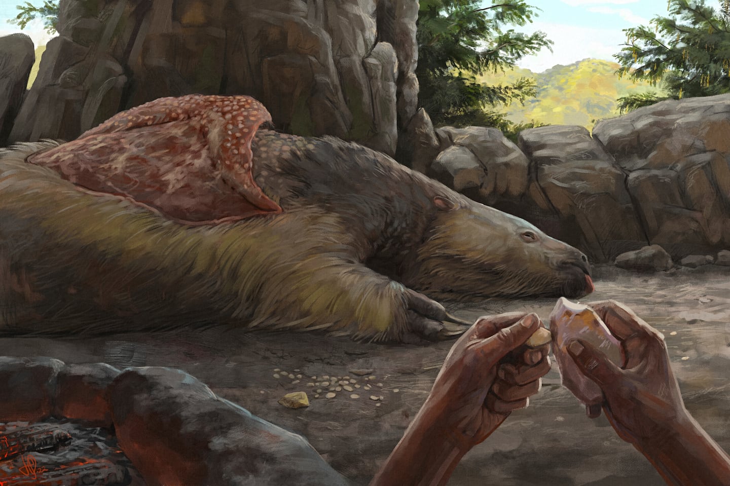 This illustration provided by researchers depicted a person carving an osteoderm from a giant sloth in Brazil about 25,000 to 27,000 years ago.